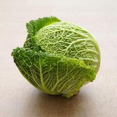 Fototapeta premium A fresh, vibrant green Savoy cabbage with crinkled leaves, showcasing its intricate patterns and natural beauty against a plain background. AI generated. 