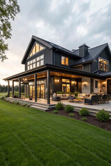 modern house in the garden, Contemporary barndominium home with spacious outdoor entertainment area. Modern residence features black facade with large windows