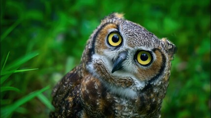 The captivating owl with striking yellow eyes in a lush green environment.