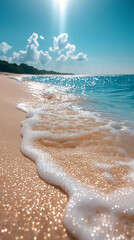 Illustration of sand and sea with waves crashing on the shore, sparkling in sunlight.