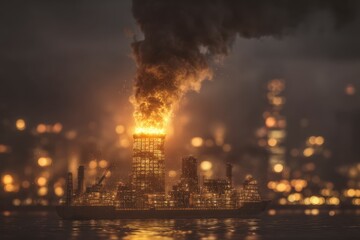 Industrial Smokestack Fire  Night Cityscape  Pollution  Disaster