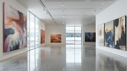 Contemporary Art Exhibit Featuring Abstract Paintings on White Walls with Sunlit Interior