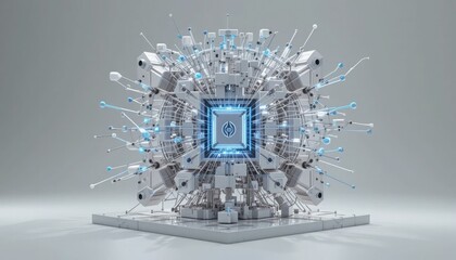 A sculpture of a modular quantum processor, isolated on white, with geometric pieces connected by light beams, a sleek design, and a photorealistic depiction