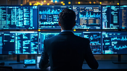 A cybersecurity expert is focused on analyzing and securing data across multiple screens in a high-tech network operations center