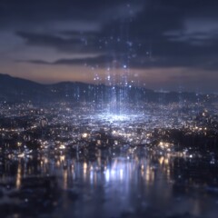 Fototapeta premium Futuristic Cityscape Night Lights Digital Data Flow Glowing Metropolis