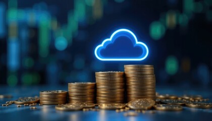 Cost-effectiveness savings via cloud computing. Coins on a stack with a luminous cloud emblem. Budgeting, resource optimization, and automation performance management. Data, digital transformation, an