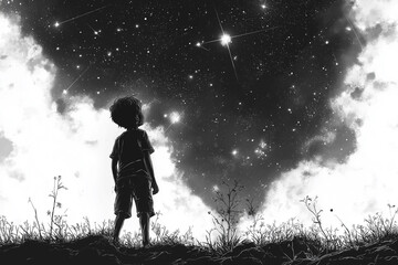 A boy stands under a starry sky on a moon in a quiet night atmosphere ,The boy is touching the stars in the sky, Sketch