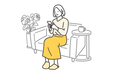 ソファでくつろぎながら携帯を操作する若い女性のイラスト素材