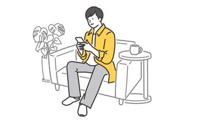 ソファでくつろぎながら携帯を操作する若い男性のイラスト素材