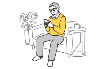 ソファでくつろぎながら携帯を操作するシニア男性のイラスト素材