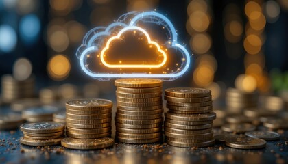 Cost-effectiveness savings via cloud computing. Coins on a stack with a luminous cloud emblem. Budgeting, resource optimization, and automation performance management. Data, digital transformation, an