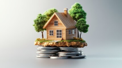 Charming miniature wooden house model surrounded by vibrant green trees placed on a stack of coins symbolizing real estate investment