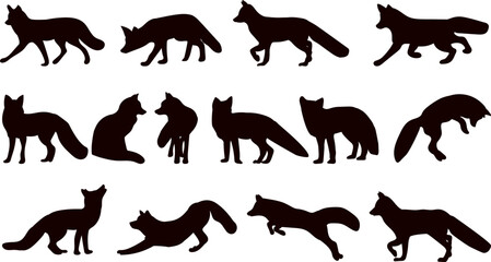 silhouettes set of fox in different poses, vector