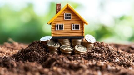 Tiny wooden house model on soil with coins stacked around and plants in the background representing real estate investment