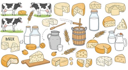 A detailed illustration of cows, cheese, milk and wheat in a dairy farm setting with various dairy products