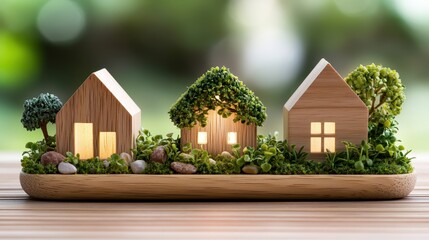 Miniature wooden house model set with trees and greenery on a wooden surface for eco-friendly home concept