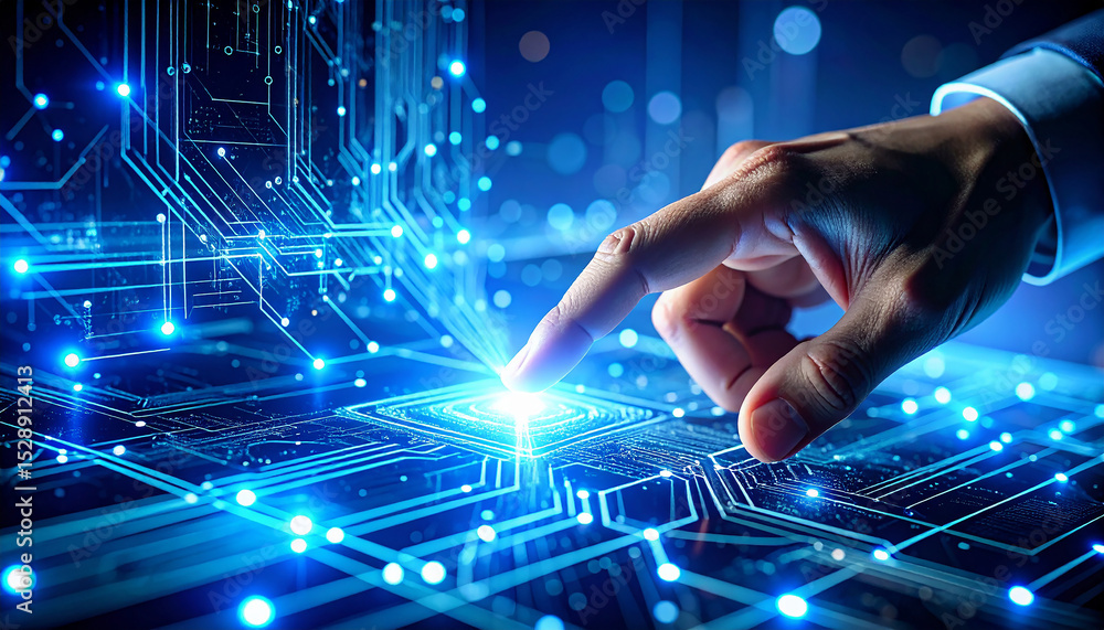 Poster digital innovation: a hand gently touches a glowing circuit board, symbolizing the innovative power 