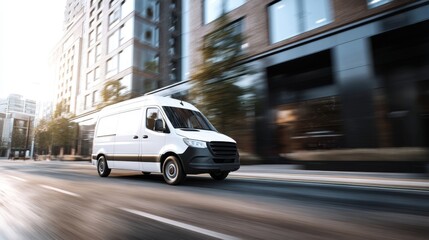 The white delivery van speeding through a modern urban environment.