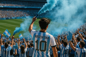 Argentina Fan Holding Blue Flare in Packed Stadium

