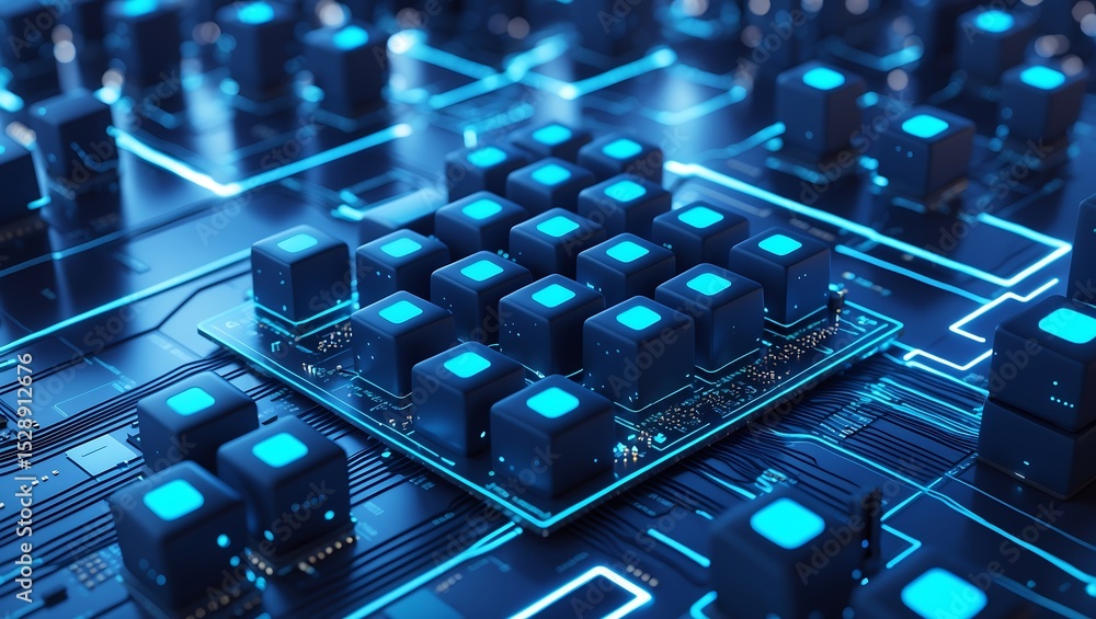 Aufkleber blue cyan cubes on dark circuit board abstract technology background digital data network server int