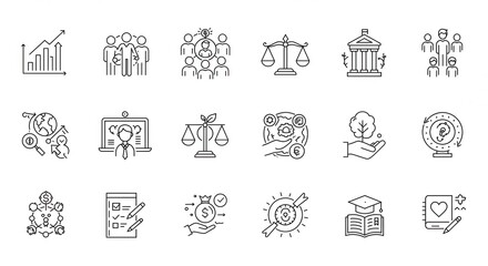 Collection of linear icons representing business concepts and social responsibility themes on white background