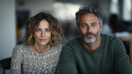 Fototapeta premium A couple smiles warmly at the camera, displaying connection and joy in their relationship. Their natural expressions highlight love and companionship.