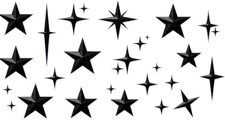 Obraz premium Black 3D star icons collection, metallic chrome sparkles and glitter shapes, set of 25 dark celestial elements for graphic design and branding