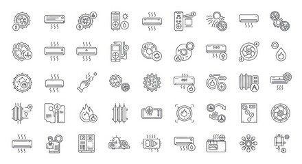 Collection of outline icons representing air conditioning and heating systems and settings options