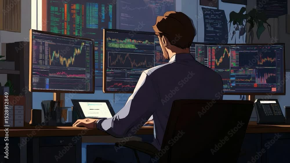 Aufkleber Person working at a desk with multiple computer screens displaying financial data.