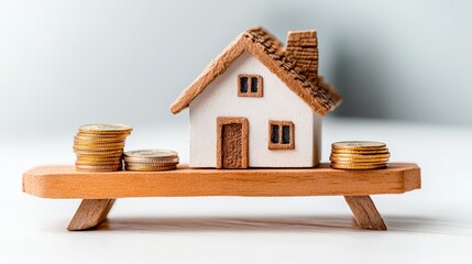 Small white house model with brown roof on wooden balance scale surrounded by stacks of coins representing financial stability and investment growth