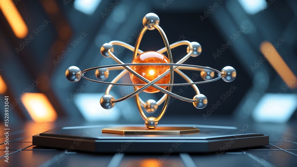 Poster detailed 3 d render of gold atom model with silver orbits and orange nucleus on dark hexagonal base 