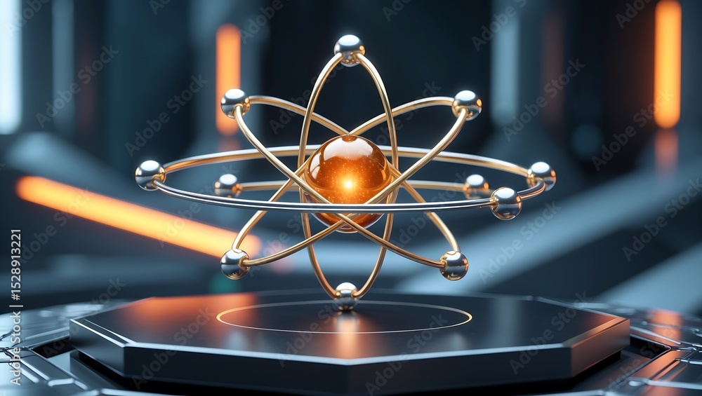 Poster gold atom 3 d render model science technology abstract orange nucleus silver electrons orbiting hexa