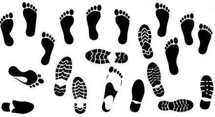 Footprints and shoe prints in black silhouettes scattered on a white background creating a pattern