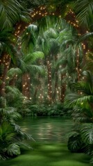 Enchanting Rainforest Pond  Lush Tropical Night Scene  Magical Glow