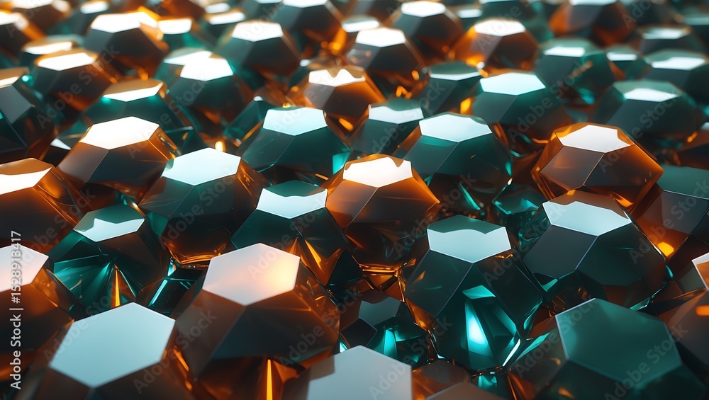 Poster abstract teal and amber hexagonal crystal cluster 3 d render shiny facets geometric pattern orange