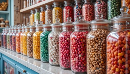 A candy shop filled with jars of vibrant candies