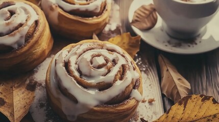 Delightful Autumn Breakfast Scene: Cinnamon Rolls and Hot Beverage on Wood Table