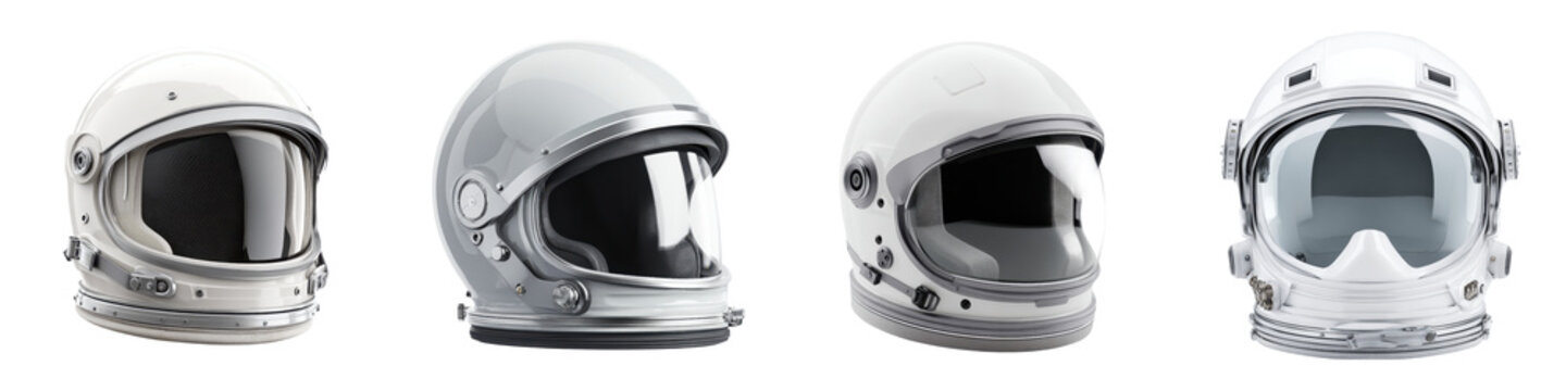 Multiple views of a sleek white astronaut helmet