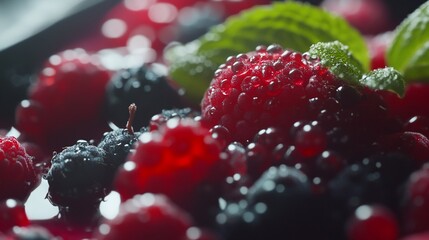 Intense close-up of fresh, dew-kissed mixed berries offering natural beauty