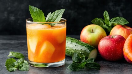 Fototapeta premium A refreshing glass of juice made from apples and cucumber, garnished with mint, showcasing vibrant colors and healthy ingredients, symbolizing nourishment and wellness.