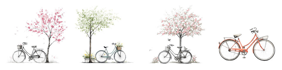 Fototapeta premium Blossoming trees and bicycles in a spring landscape