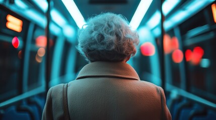An introspective elderly woman seen from the back on a colorful train, surrounded by mesmerizing neon lights that evoke feelings of nostalgia and modern urban travel.