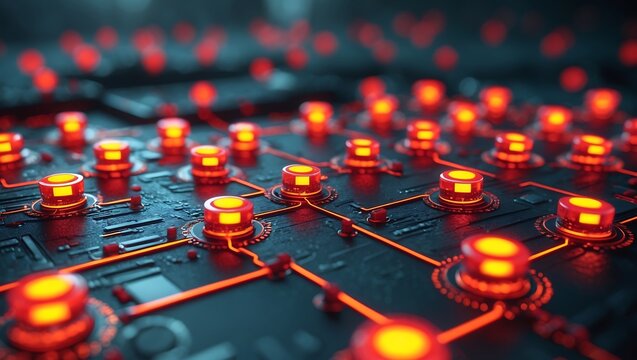 Microscopic Futuristic Biointerface Circuit Board Glowing Red Orange Knobs Network Technology image