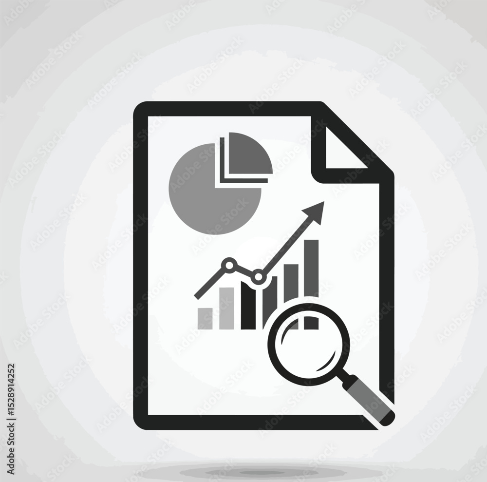 Poster document with pie chart bar graph and magnifying glass