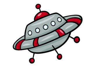 Futuristic Silver Flying Saucer with Red Accents and Antennas Exploring the Cosmos