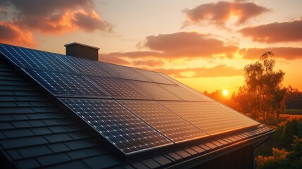 Solar panels installed on a house roof du sunset with a vibrant sky and lush surrounding landscape