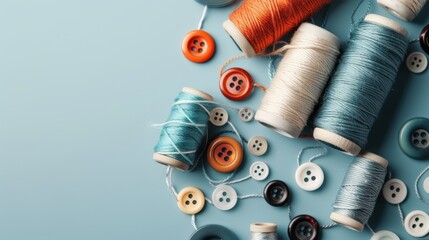 A vibrant assortment of sewing threads and buttons on a light blue surface, perfect for craft enthusiasts interested in sewing, design, and creativity.