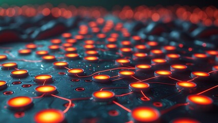 Fototapeta premium Microscopic View Futuristic Biointegrated Circuitry Glowing Orange Nodes Interconnected Network Dark Teal Background