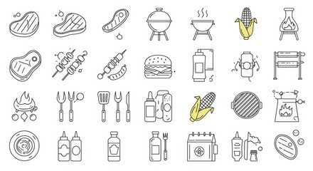 Various barbecue themed line art icons including grills meat and condiments in a grid pattern