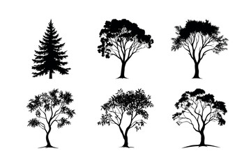 Six black silhouette trees set illustration